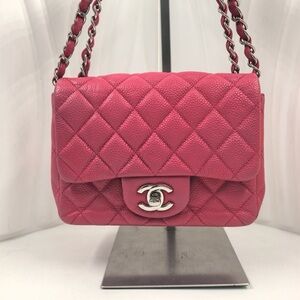 CHANEL Mini Classic Flap Bag Fuchsia Pink Caviar Leather with Silver Hardware